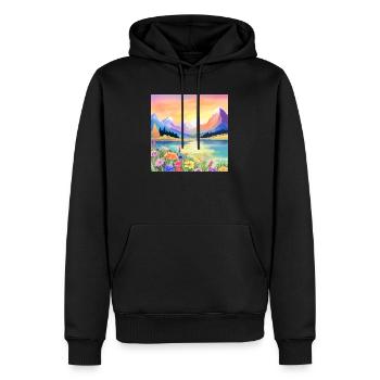 Sonnenuntergang über den Bergen, dem See und den Blumen - Männer Premium Bio Hoodie - Schwarz - Vorne - Nico (187cm)