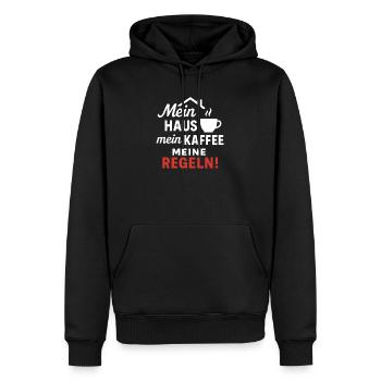 Mein Haus, mein Kaffee, meine Regeln! - Männer Premium Bio Hoodie - Schwarz - Vorne - Nico (187cm)