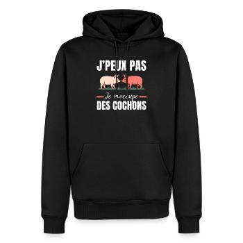 J’Peux Pas Je M’Ocupe Des Cochons - Sweat à capuche Premium bio Homme - noir - Devant - Nico (187cm)