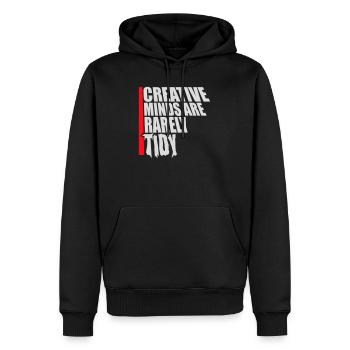 Les esprits créatifs sont rarement bien rangés Logo créatif drôle - Sweat à capuche Premium bio Homme - noir - Devant - Nico (187cm)