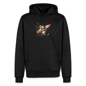 Retro-futuristisches weiß-orangefarbenes Raumschiff bewegt sich - Männer Premium Bio Hoodie - Schwarz - Vorne - Nico (187cm)