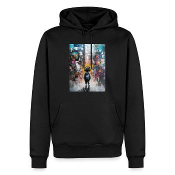 Kind mit Kopfhörern schaut ins Abstrakte - Männer Premium Bio Hoodie - Schwarz - Vorne - Nico (187cm)