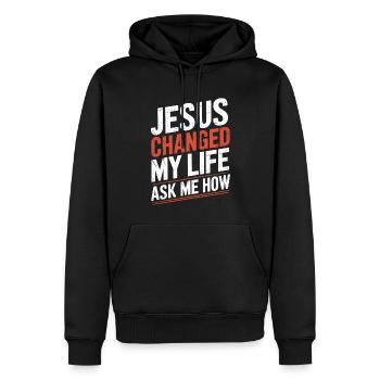 Jesus changed my life! Christian - Men’s Premium Organic Hoodie - black - Front - Nico (187cm)