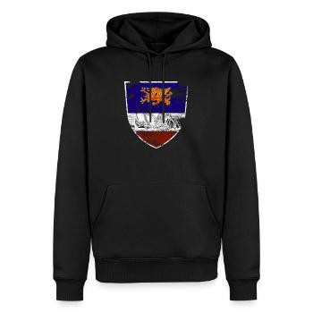 Wappen Rostock Segelschiff Geschenkidee - Männer Premium Bio Hoodie - Schwarz - Vorne - Nico (187cm)