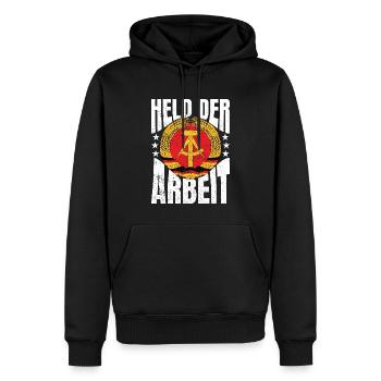 Held der Arbeit DDR Geschenkidee - Männer Premium Bio Hoodie - Schwarz - Vorne - Nico (187cm)