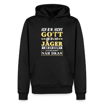 Ich bin nicht Gott aber als Jäger nah dran - Männer Premium Bio Hoodie - Schwarz - Vorne - Nico (187cm)