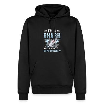 Je suis un requin, quel est votre superpouvoir? - Sweat à capuche Premium bio Homme - noir - Devant - Nico (187cm)