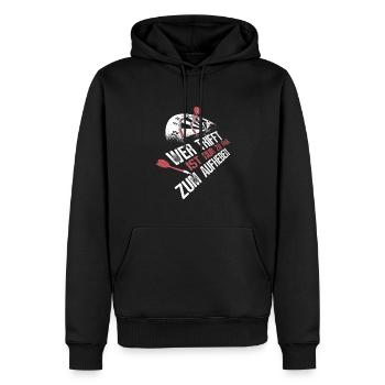 Wer trifft ist faul – Dart auf Dartscheibe - Männer Premium Bio Hoodie - Schwarz - Vorne - Nico (187cm)