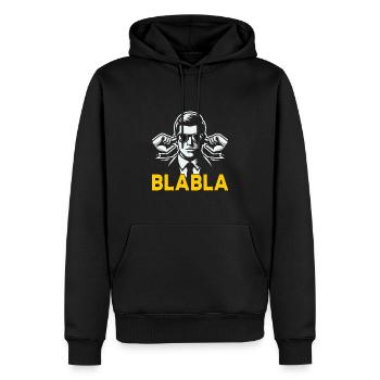 "Hear no blabla" - a piece of wisdom - Men’s Premium Organic Hoodie - black - Front - Nico (187cm)