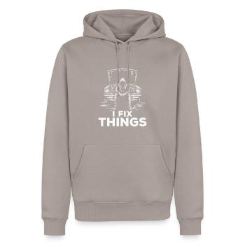 Machen Sie sich den Mut von "Ich repariere Dinge - Automechaniker" zu eigen! - Männer Premium Bio Hoodie - Taupe - Vorne - Nico (187cm)