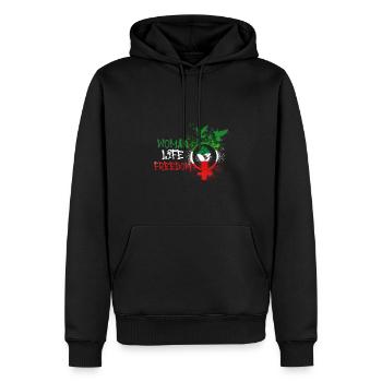 Femme Vie Liberté, Oiseaux,Iran,Drapeau - Sweat à capuche Premium bio Homme - noir - Devant - Nico (187cm)