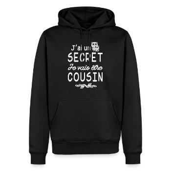 J'ai un secret je vais être cousin - futur cousin - Sweat à capuche Premium bio Homme - noir - Devant - Nico (187cm)