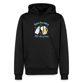 Notre Première Fête des pères Cadeau Nouveau Papa - Sweat à capuche Premium bio Homme - noir - Devant - Nico (187cm)