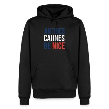 Légendes et proverbes d’Antibes - Sweat à capuche Premium bio Homme - noir - Devant - Nico (187cm)