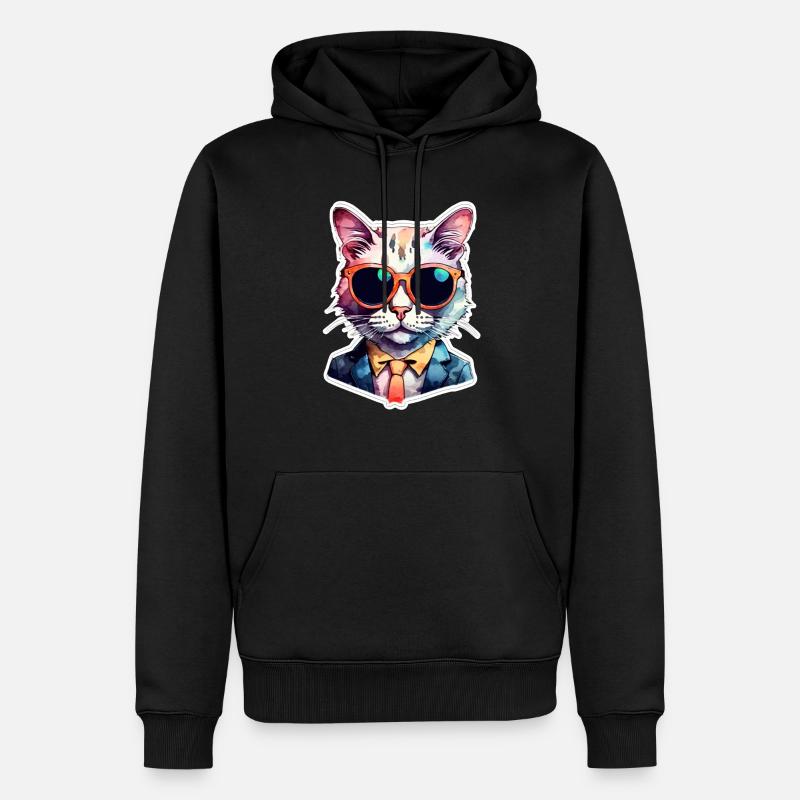 chat lunette - mignon aquarelle - Sweat à capuche Premium bio Homme - noir