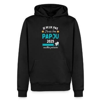 Je peux pas j'vais être Papou 2025 Futur Papy - Sweat à capuche Premium bio Homme - noir - Devant - Nico (187cm)