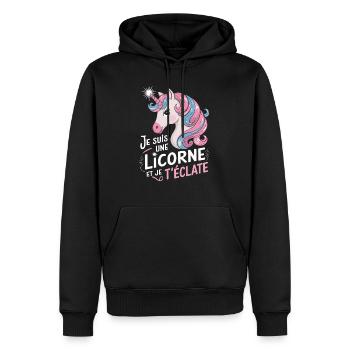Je suis une licorne et je t'éclate - Sweat à capuche Premium bio Homme - noir - Devant - Nico (187cm)
