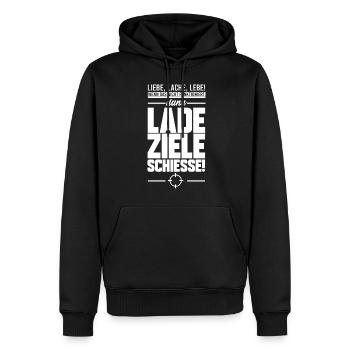 LIEBE LACHE LEBE, GESCHENK - Männer Premium Bio Hoodie - Schwarz - Vorne - Nico (187cm)