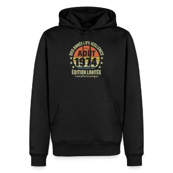 Anniversaire Millésime Fabriqué en Août 1974 - Sweat à capuche Premium bio Homme - noir - Devant - Nico (187cm)
