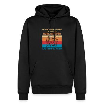 Mein Dackel denkt, ich bin der beste Mensch aller Zeiten - Männer Premium Bio Hoodie - Schwarz - Vorne - Nico (187cm)
