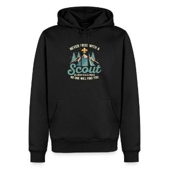 Scout's Warning: Hidden Places Expert Tee - Männer Premium Bio Hoodie - Schwarz - Vorne - Nico (187cm)
