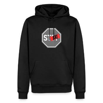 Zacznij tworzyć zamiast się zatrzymywać - Männer Premium Bio Hoodie - Schwarz - Vorne - Nico (187cm)