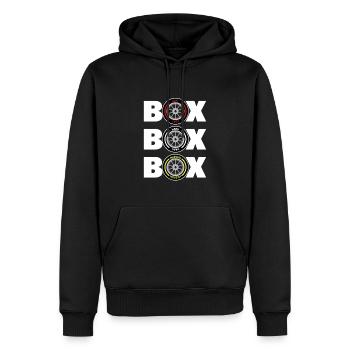 BOX BOX BOX - White Text - Men’s Premium Organic Hoodie - black - Front - Nico (187cm)