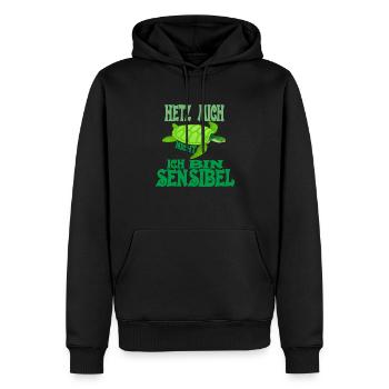 Hetz mich nicht ich bin sensibel Hetz mich nicht - Männer Premium Bio Hoodie - Schwarz - Vorne - Nico (187cm)
