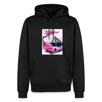 Fantasie Japan Kirschblüte Berge Neon Retro Fabel - Männer Premium Bio Hoodie - Schwarz - Vorne - Nico (187cm)