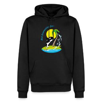 Baleine orque de dessin animé souriante sur une planche de surf - Sweat à capuche Premium bio Homme - noir - Devant - Nico (187cm)
