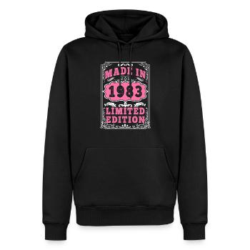 Jahrgang Jahrgang 1983 Hergestellt im Jahr 1983 42 Jahre alt. Art_20 - Männer Premium Bio Hoodie - Schwarz - Vorne - Nico (187cm)