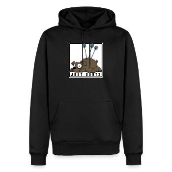 Lustiges Darts Comic Motiv. JUST DARTS - Männer Premium Bio Hoodie - Schwarz - Vorne - Nico (187cm)