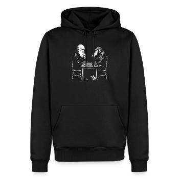 Darwin plays chess with monkey - Evolution game - Men’s Premium Organic Hoodie - black - Front - Nico (187cm)