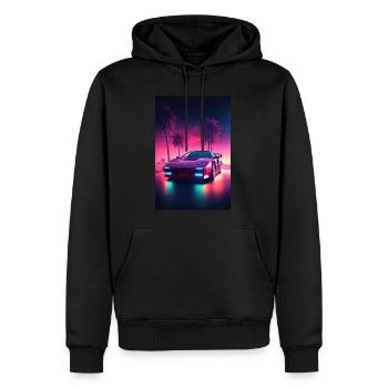 Eine Synthwave Fahrt in die Zukunft im Outrun Stil - Männer Premium Bio Hoodie - Schwarz - Vorne - Nico (187cm)