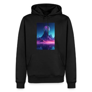 Retro Bergmelodie: Eine Synthwave Ode an der See - Männer Premium Bio Hoodie - Schwarz - Vorne - Nico (187cm)