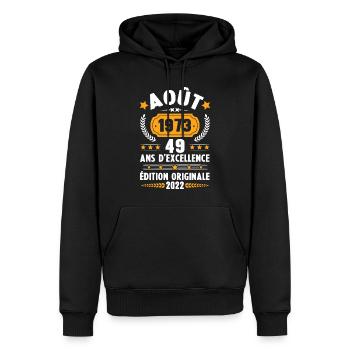 Cadeau D'anniversaire Rétro 49 Ans Août 1973 - Sweat à capuche Premium bio Homme - noir - Devant - Nico (187cm)