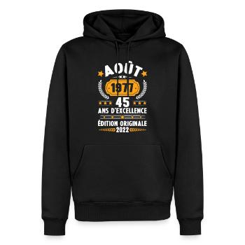 Cadeau D'anniversaire Rétro 45 Ans Août 1977 - Sweat à capuche Premium bio Homme - noir - Devant - Nico (187cm)