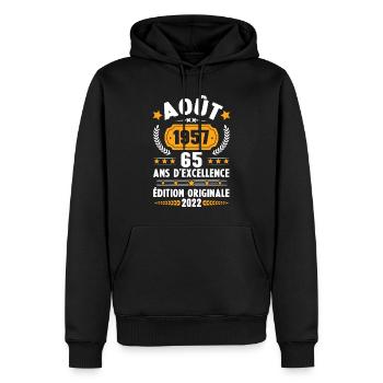 Cadeau D'anniversaire Rétro 65 Ans Août 1957 - Sweat à capuche Premium bio Homme - noir - Devant - Nico (187cm)