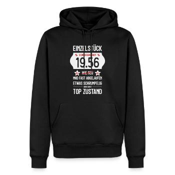 70. GEBURTSTAG 1956 EINZELSTÜCK PREISSCHILD - Männer Premium Bio Hoodie - Schwarz - Vorne - Nico (187cm)