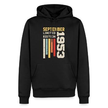 Septembre 1953 Cadeau anniversaire Septembre 1953 - Sweat à capuche Premium bio Homme - noir - Devant - Nico (187cm)