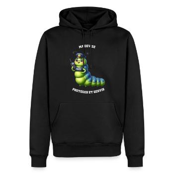Chenille Policier protéger ..- Collection Métiers - Sweat à capuche Premium bio Homme - noir - Devant - Nico (187cm)