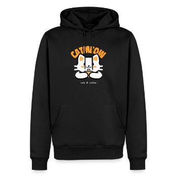 Chat mignon qui boit son café - Sweat à capuche Premium bio Homme - noir - Devant - Nico (187cm)