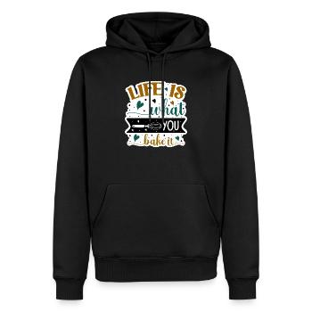 Life is What You Bake It - Men’s Premium Organic Hoodie - black - Front - Nico (187cm)