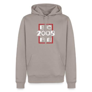 Jahrgang 2008 - Jubiläum 2008 - Männer Premium Bio Hoodie - Taupe - Vorne - Nico (187cm)
