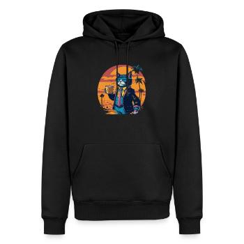 Illustration des années 80 d’un chat avec une tasse de café - Sweat à capuche Premium bio Homme - noir - Devant - Nico (187cm)