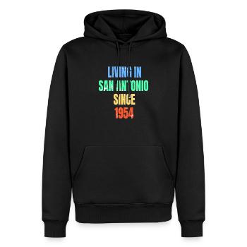 Rétro Vintage vivant à San Antonio depuis 1954 - Sweat à capuche Premium bio Homme - noir - Devant - Nico (187cm)