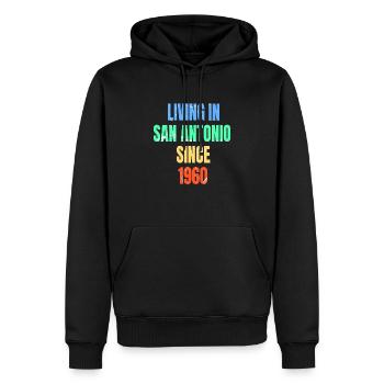 Rétro Vintage vivant à San Antonio depuis 1960 - Sweat à capuche Premium bio Homme - noir - Devant - Nico (187cm)
