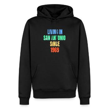 Rétro Vintage vivant à San Antonio depuis 1969 - Sweat à capuche Premium bio Homme - noir - Devant - Nico (187cm)