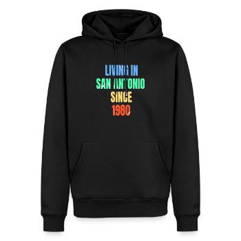 Rétro Vintage vivant à San Antonio depuis 1980 - Sweat à capuche Premium bio Homme - noir - Devant - Nico (187cm)