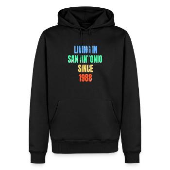 Rétro Vintage vivant à San Antonio depuis 1988 - Sweat à capuche Premium bio Homme - noir - Devant - Nico (187cm)